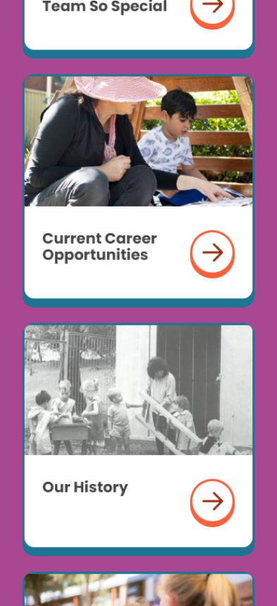 A vertical collage with four sections. The first section is red text on a purple background reading Team So Special. The second shows a woman and a boy reading and the text Current Career Opportunities. The third is a black and white photo of children at a water pump and the text Our History.
