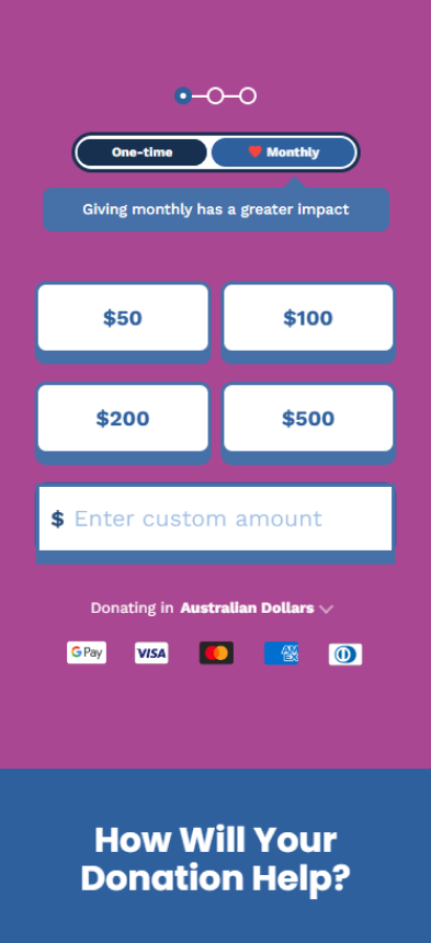 Screenshot of donation page offering options for one-time or monthly contributions. Choose $50, $100, $200, $500, or enter a custom amount. Pay via G Pay, Visa, and Mastercard. Text: How Will Your Donation Help? Support Learning Links today!