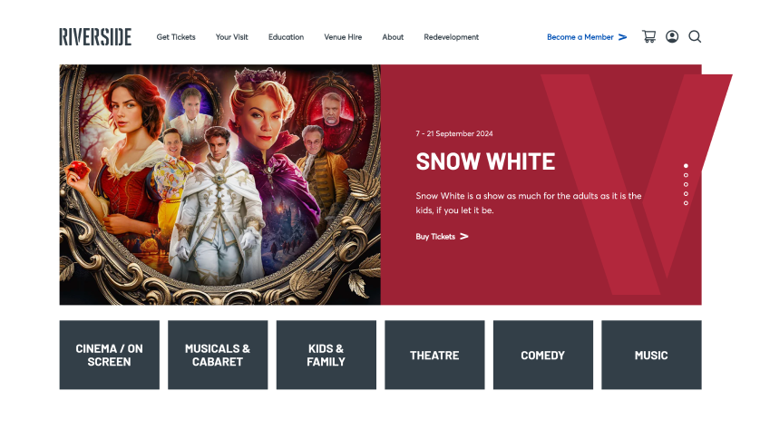 Website screenshot featuring a Snow White theatrical production. The image displays characters from the show in colorful costumes. The event dates are September 7-21, 2024. Navigation menu includes options like Cinema, Theatre, and Music.