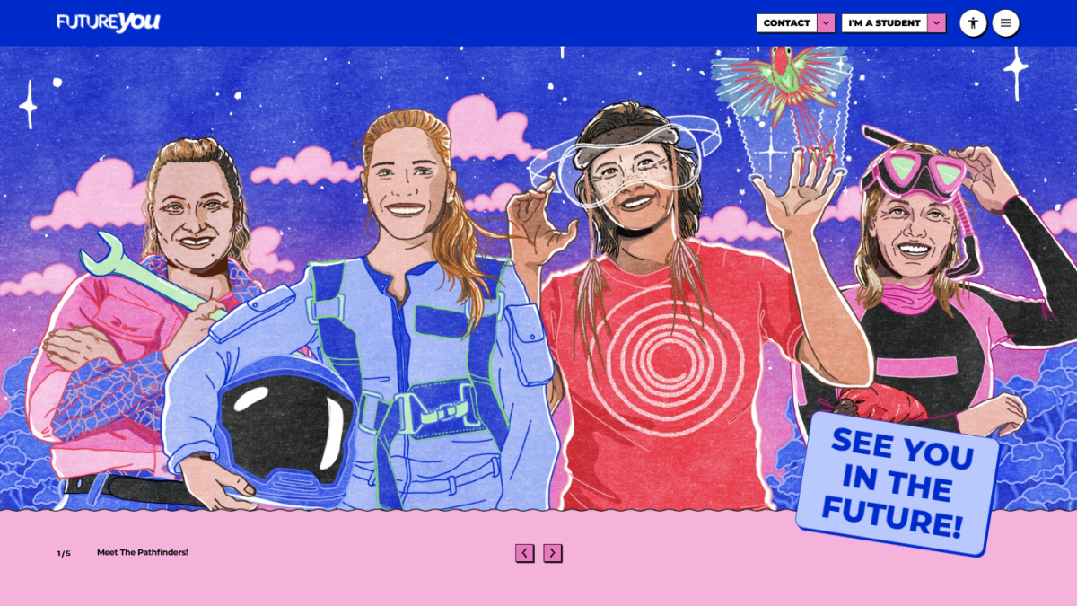 A colorful illustration of four smiling women in futuristic outfits. They are wearing various attire including spacesuits and diving gear, set against a vibrant, whimsical background with clouds and butterflies. A speech bubble reads, See you in the future!.
