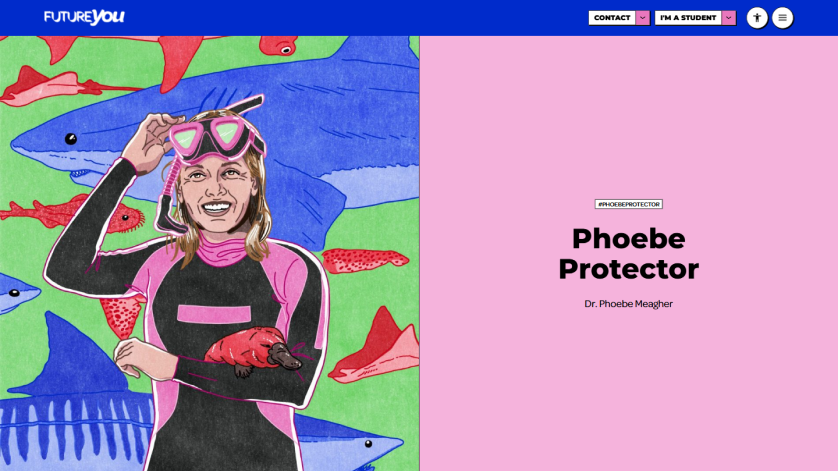 Illustration of a smiling woman in a pink and black wetsuit with snorkeling gear, holding a lobster. Background features colorful fish and shark illustrations. The text reads Phoebe Protector and Dr. Phoebe Meagher on a pink section of the image.