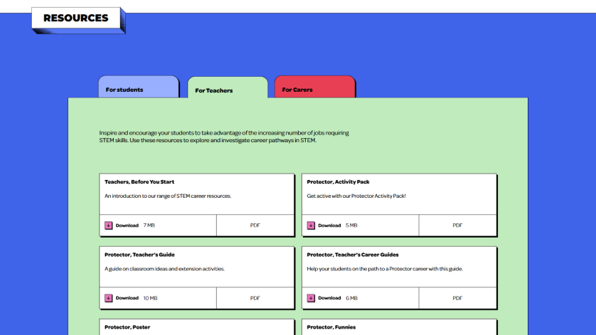 Educational resources page layout for STEM learning
